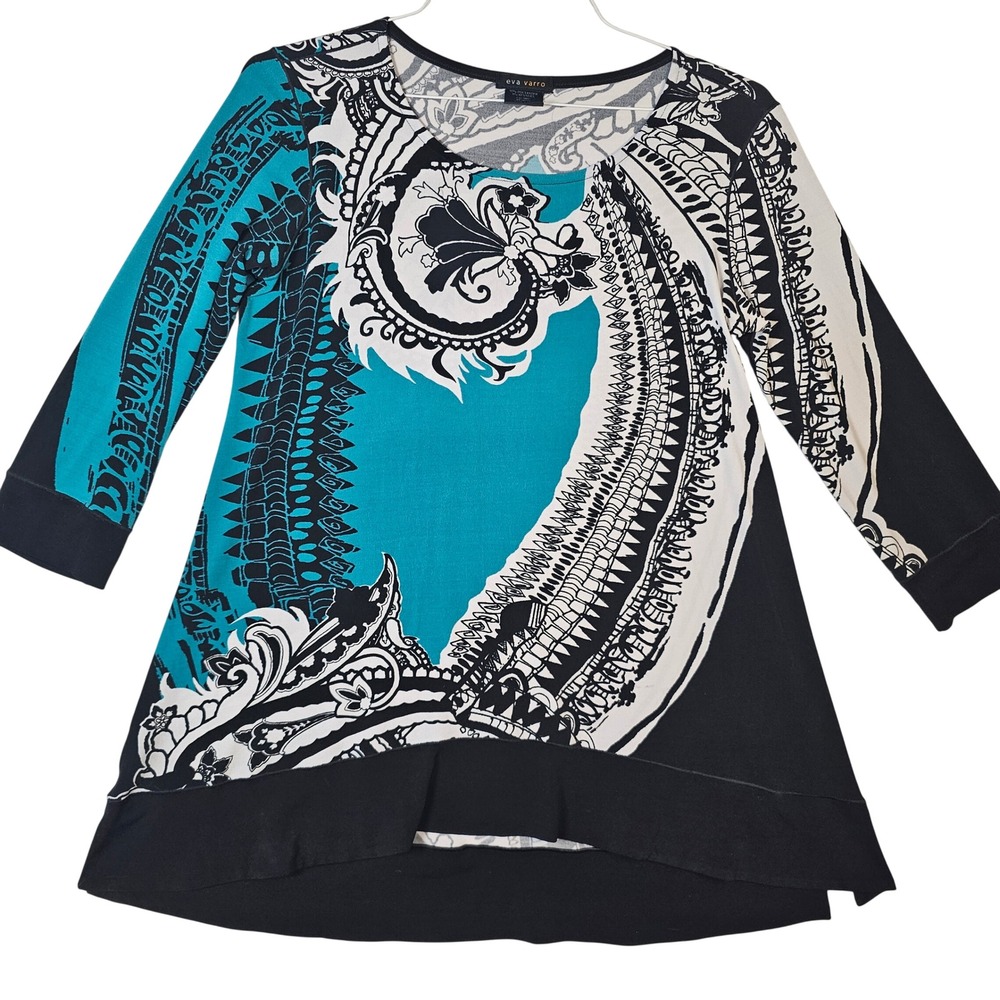 Eva Varro Teal Black White Abstract Paisley High Low Tunic Top Medium USA
